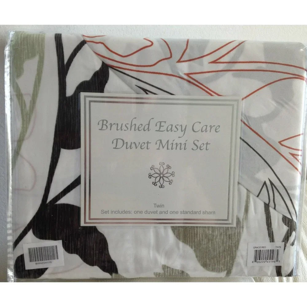 Duvet Cover & 1 Red Scrolling Vine Sham Twin Mini Set Printed Brush Bedding